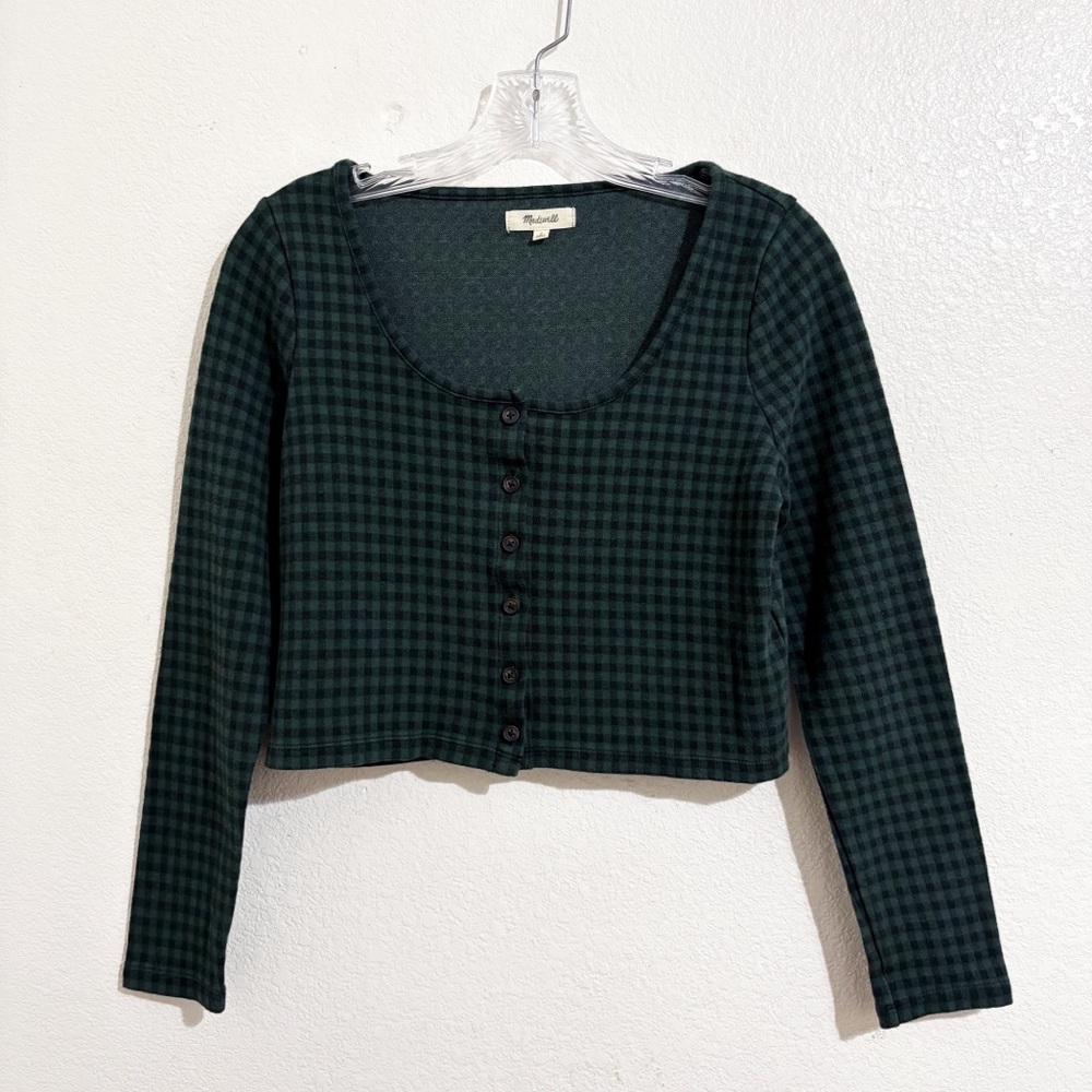 Madewell Jacquard Long Sleeve Cardigan & Tank Twin Set in Gingham Forest Green - Picture 5 of 14